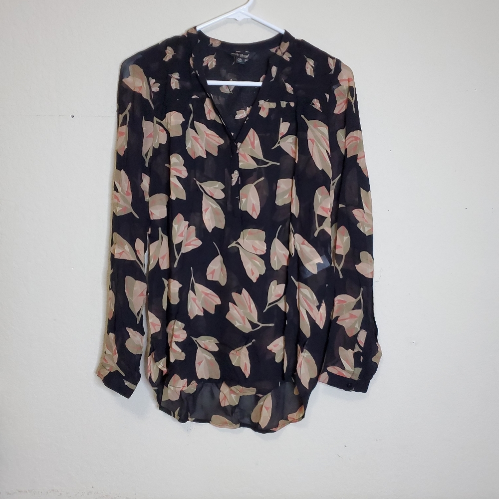 Lucky Brand XS black floral sheer long sleeve blouse